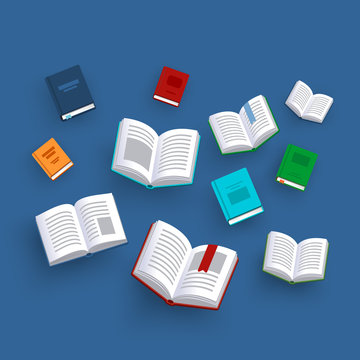 Books illustration. Library research. Scholarship concept. literature background in flat style.