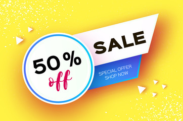 Sale Banner in paper cut style. Origami discount tag, special offer, buy now. Graphic element on yellow. Space for text.