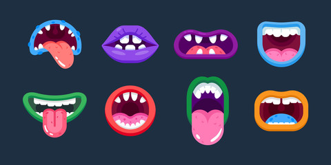 Lips of monsters, in different positions, terrible emotions, facial expressions.