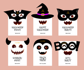 Funny cartoon Halloween character design card. Bat, witch, black cat, monster, Dracula. Happy Halloween concept. Vector Illustration.