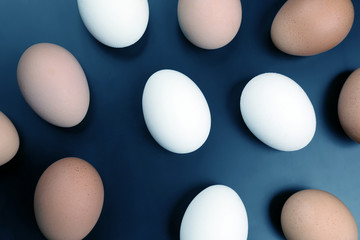 different chicken eggs lie on dark background