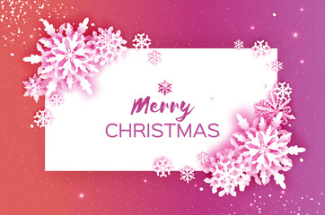 Merry Christmas and Happy New Year Greetings card. White Paper cut snowflakes. Origami Winter Decoration background. Seasonal holidays. Snowfall. Rectangle frame. Space for text. Pink red.