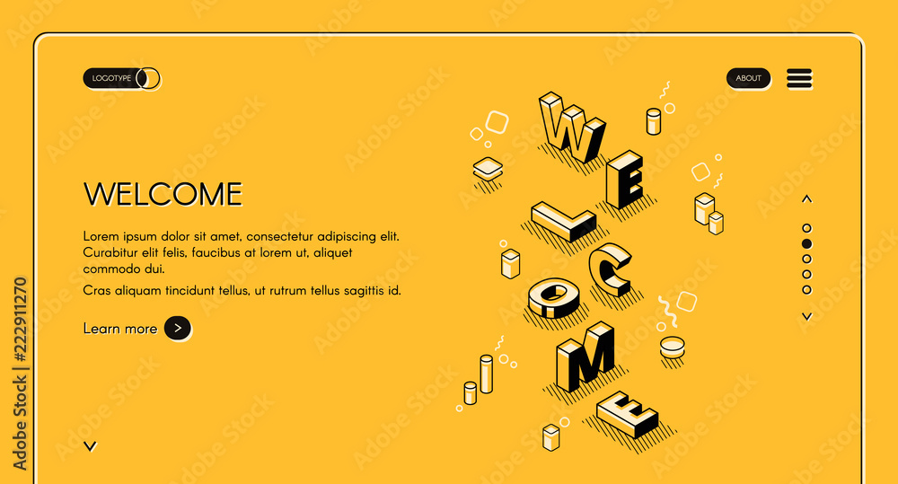 Poster welcome web main page vector illustration of word letters in isometric black thin line design on yel