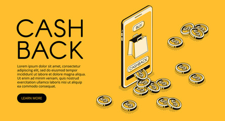 Cashback shopping vector illustration, money cash back reward for purchase from smartphone application. Mobile phone consumer loyalty incentive commerce in isometric line on yellow halftone background