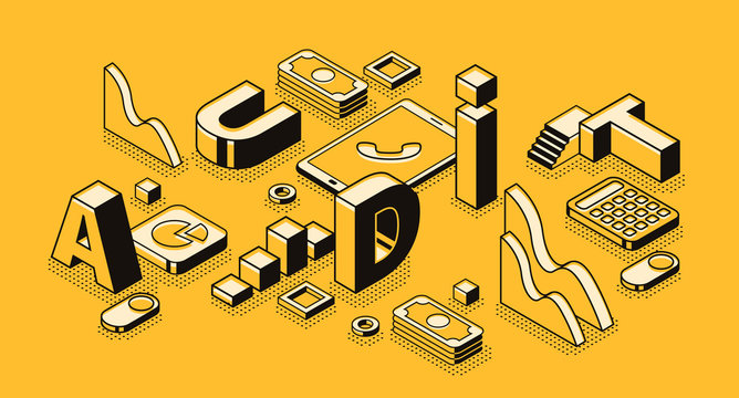 Business Audit Vector Illustration In Letters Design And Isometric Black Thin Line On Yellow Halftone Background. Company Finance Statistics And Tax Accounting Documents Examination Service