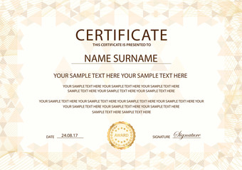Certificate template with Guilloche frame border. Design for Diploma, certificate of appreciation, certificate of achievement, certificate of completion, of excellence, of attendance template, award