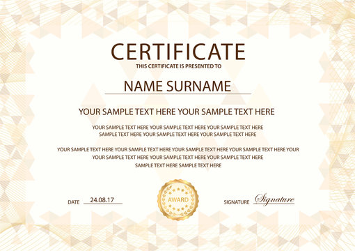 Certificate template with Guilloche frame border. Design for Diploma, certificate of appreciation, certificate of achievement, certificate of completion, of excellence, of attendance template, award
