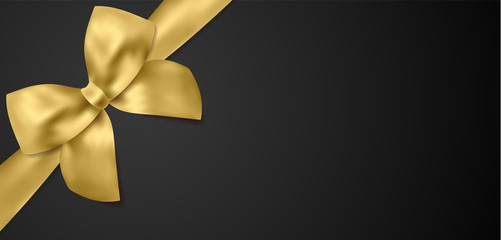 Voucher, Gift certificate, Coupon template. Gold bow, golden ribbon on black background. Blank vector design gift card