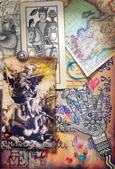 Fototapeta premium Collage misteriosi, alchemici, e esoterici con carte dei tarocchi e simboli astrologici