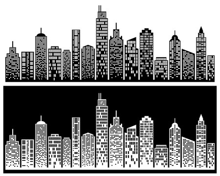City skyline, building silhouette in night time, for flat