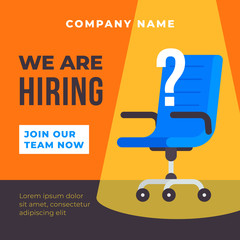 We are hiring poster background. Office chair with spot light illustration and question mark. Business recruiting concept vector template flat design.