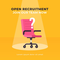 Simple office chair with question mark symbol and spot light background illustration. Business hiring and recruiting concept. Modern flat style vector design.