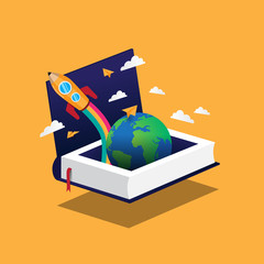 Book and globe with isometric style education concept