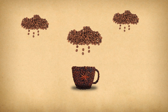 Fototapeta Creative concept photo of a cup of coffee and cloud with rain made of coffee beans.