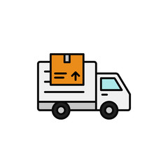 delivery truck with package icon. shipment item transportation illustration. simple outline vector symbol design.