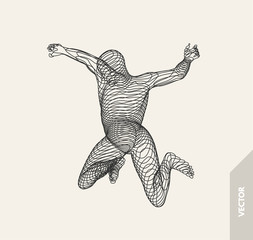 Jumping man. Freedom concept. 3d vector Illustration. Wire connection to virtual reality.