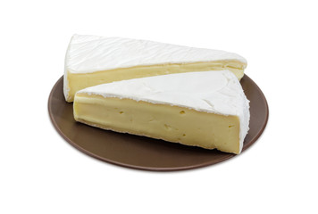 Brie cheese on brown dish on a white background