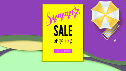Summer sale. Banner with discount action, promo actions for shops. Hot offer for buyers on abstract background from cut out of paper layers. Get up to seventy five percent discount, shop now