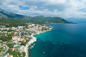 Naklejka na ściany i meble Aerial view of Herceg Novi town, marina and Venetian Forte Mare, Boka Kotorska bay of Adriatic sea