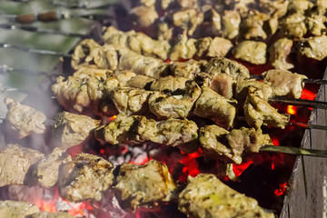 appetizing pieces of marinated meat with spices fried kebab over red hot coals row of pork chicken on metal skewers