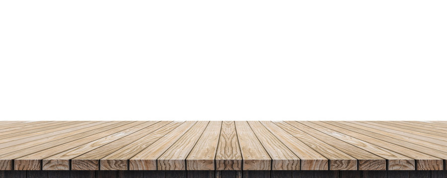 Empty old grunge wood plank table top isolated on white background,Use for display for montage of product and leave space for replace of your background.