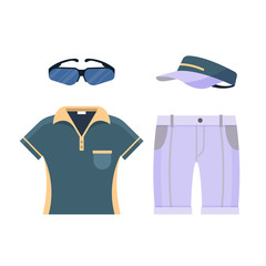 Golf uniform set clothes icon isolated on white background, flat elements for golfing such as glasses, shirt, shorts and cap, golf equipment - vector illustration.