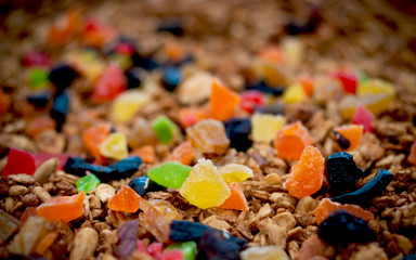 Healthy Snack, Meal. Freshly Toasted Organic Homemade Granola Cereal, Muesli Mixed With Honey, Nuts And Colorful Dry Fruits.