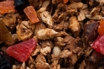 Healthy Snack, Meal. Freshly Toasted Organic Homemade Granola Cereal, Muesli Mixed With Honey, Nuts And Colorful Dry Fruits.