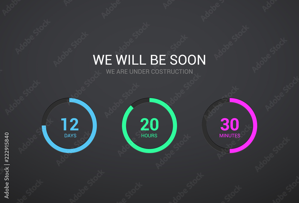 Aufkleber countdown timer design for website. clock timer design on dark background. coming soon app modern fl