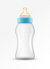 Baby feed bottle isolated plastic drink glass on transparent. Baby formula food milk glass