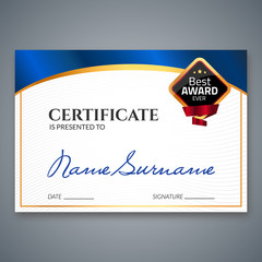 Certificate template luxury award. Vector business diploma with seal stamp. Gift coupon or success achievement
