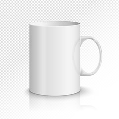 White realistic cup illustration. Vector blank mug classic cup for coffee or tea
