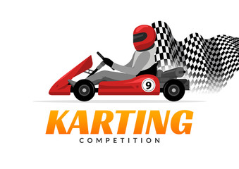 Kart driver sport logo icon. Karting racing isolated, Man drive kart in helmet background design