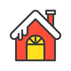 Cute house with snow on rooftop, Merry Christmas related icon set, filled outline design editable stroke