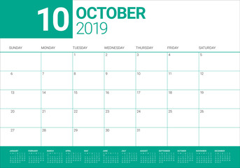 October 2019 desk calendar vector illustration
