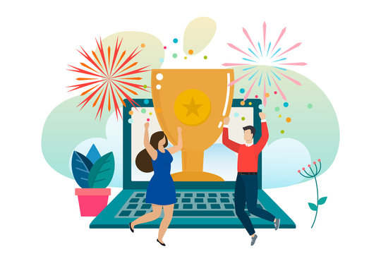 Successful man and woman celebrating success. Man and woman win a prize. Award in the online contest from laptop. Vector