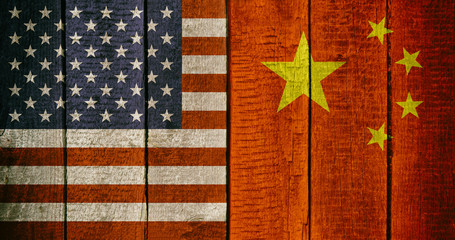 Chinese and USA National Flags on a Wooden Background. China and United States of America Flag Wood...