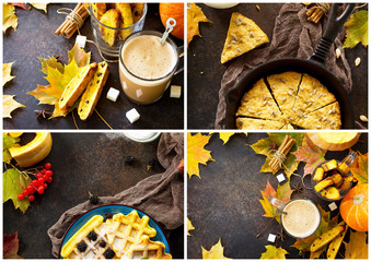 Food collage Traditional English cuisine. Breakfast table with Pumpkin Scones,  Pumpkin Waffles,...