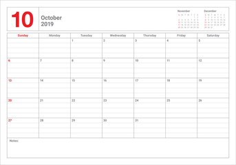 October 2019 desk calendar vector illustration