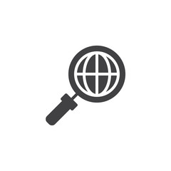 Magnifier with globe vector icon. filled flat sign for mobile concept and web design. Globe search simple solid icon. Symbol, logo illustration. Pixel perfect vector graphics