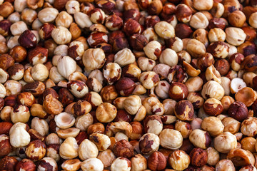 Nut background of hazelnut fruits. Food background. Top view of hazelnut nuts.