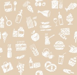 Food, seamless pattern, grocery store, pencil shading, single color, gray, vector. Food and drinks, production and sale. White icons on a beige field.
