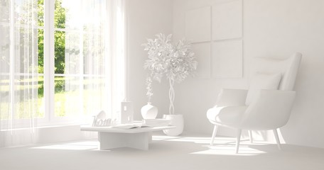White room with armchair and green landscape in window. Scandinavian interior design. 3D illustration