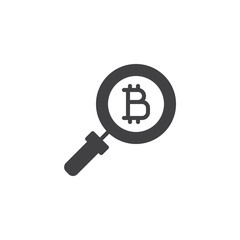 Magnifying Glass and Bitcoin vector icon. filled flat sign for mobile concept and web design. cryptocurrency search simple solid icon. Symbol, logo illustration. Pixel perfect vector graphics