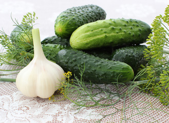 Cucumbers with garlic and dill on the table
