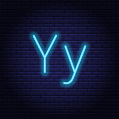 Blue neon letters, font on dark blue background. Vector illustration of eps 10.