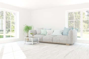 Idea of white room with sofa and summer landscape in window. Scandinavian interior design. 3D illustration
