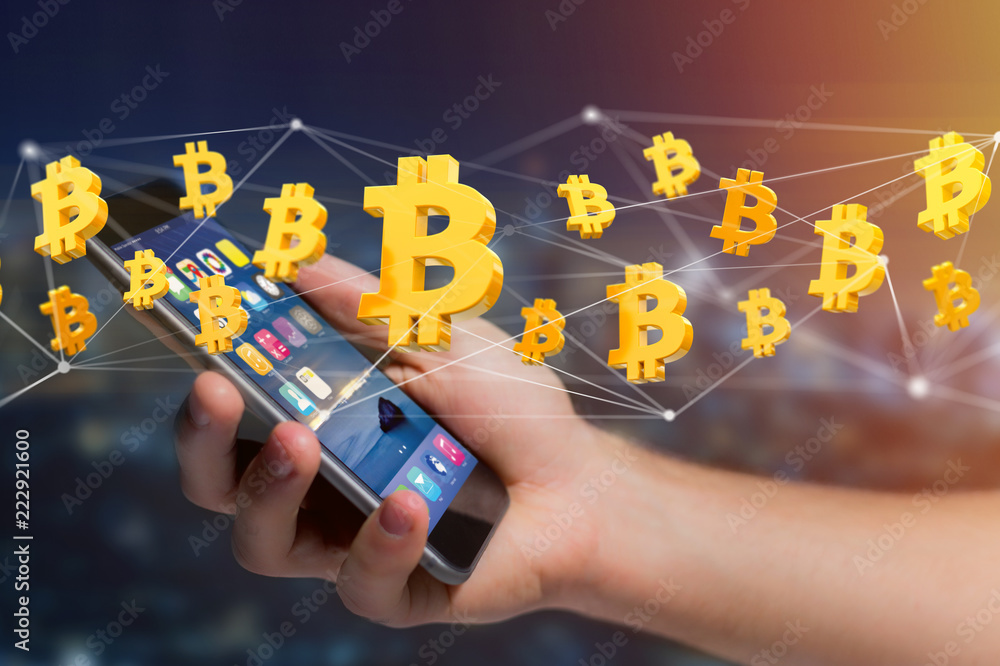 Poster bitcoin sign flying around a network connection - 3d render