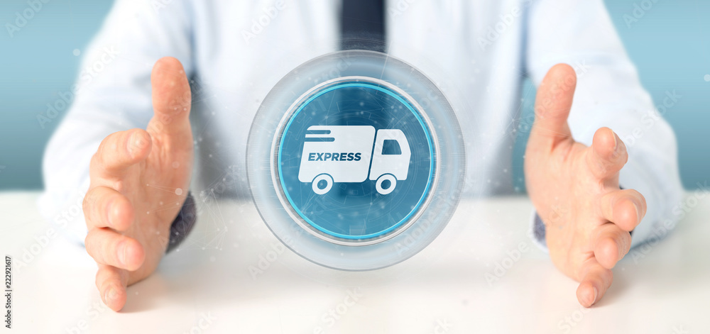 Poster businessman holding a fast delivery button with connection 3d rendering