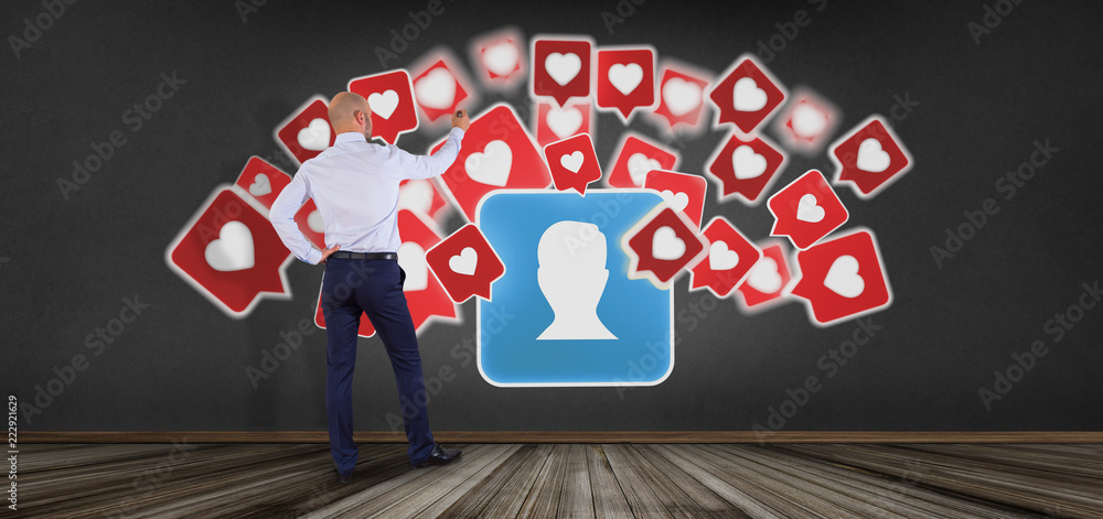 Poster businessman in front of a colorfull social network teamwork with icon 3d rendering